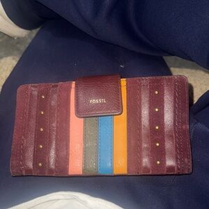 Fossil Striped Leather Wallet in Burgundy and Multicolor